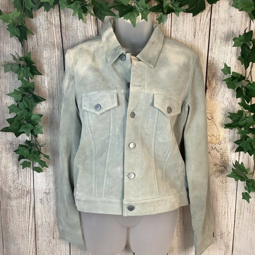 New Frontier Womens 100% Suede Jacket Size 8 Celadon Green Button Coat